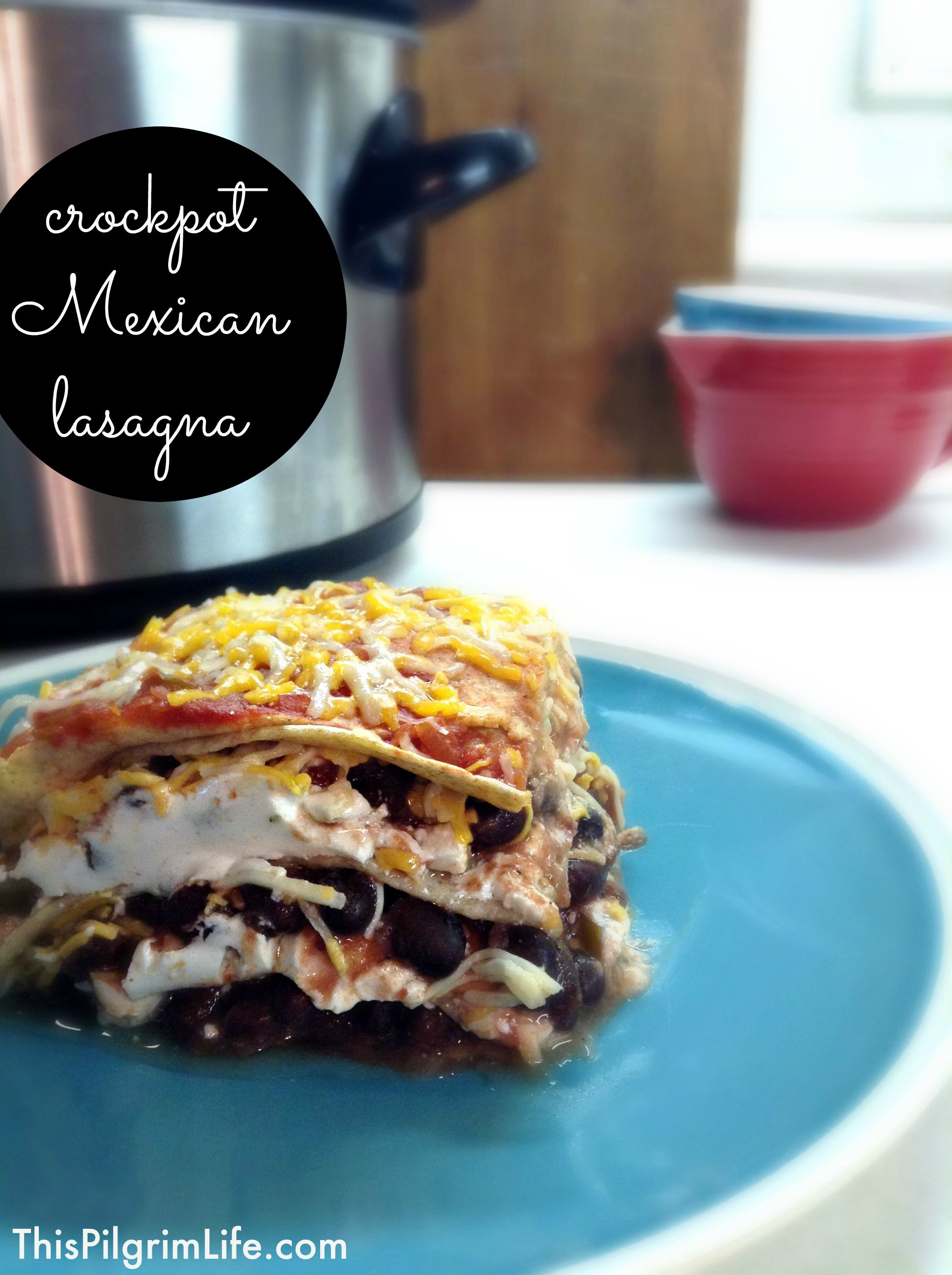 Such a simple and delicious recipe for Mexican lasagna made in the crockpot. Perfect for potlucks and sharing with friends!