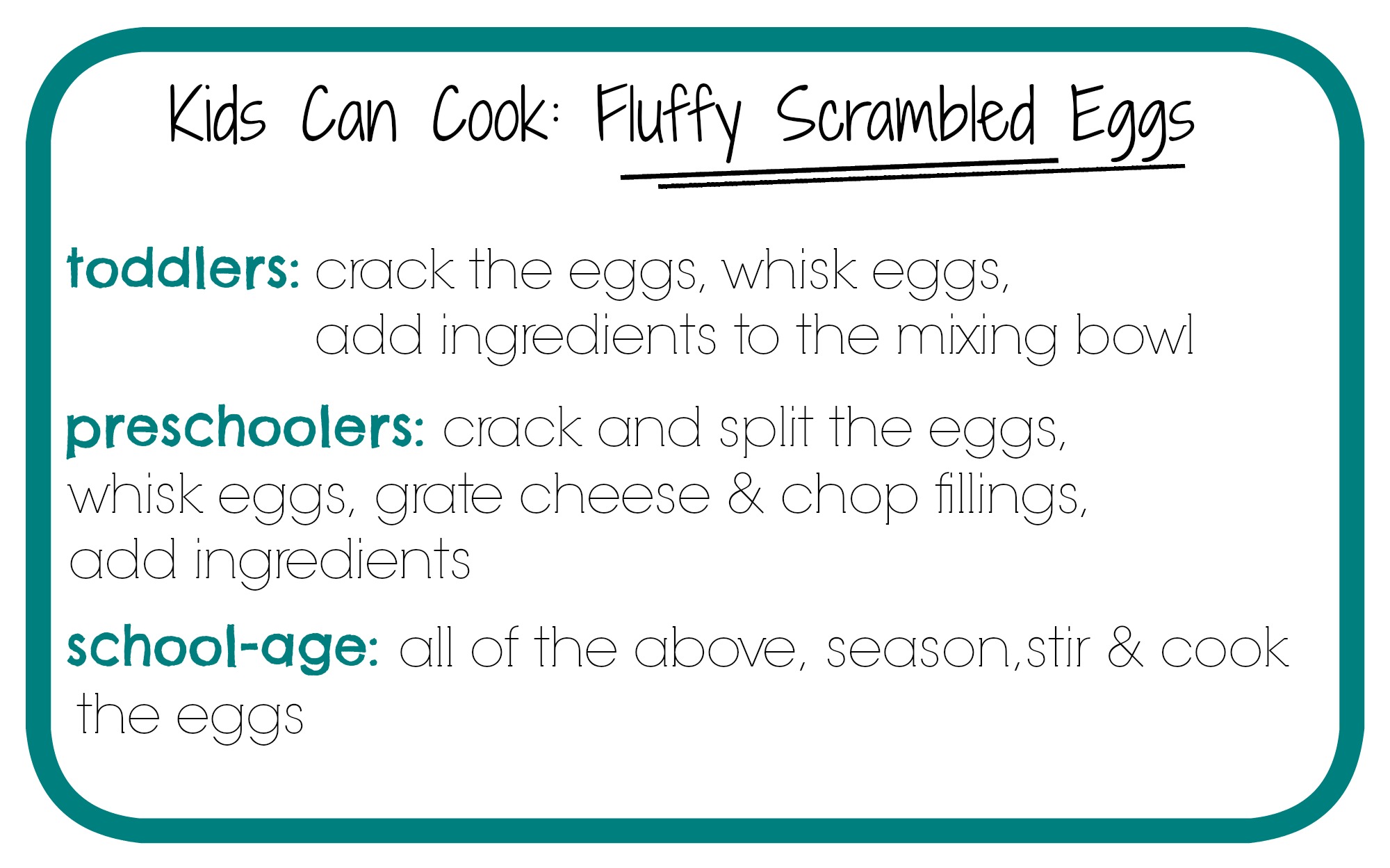 Kids of all ages can learn to help in the kitchen making fluffy scrambled eggs. 