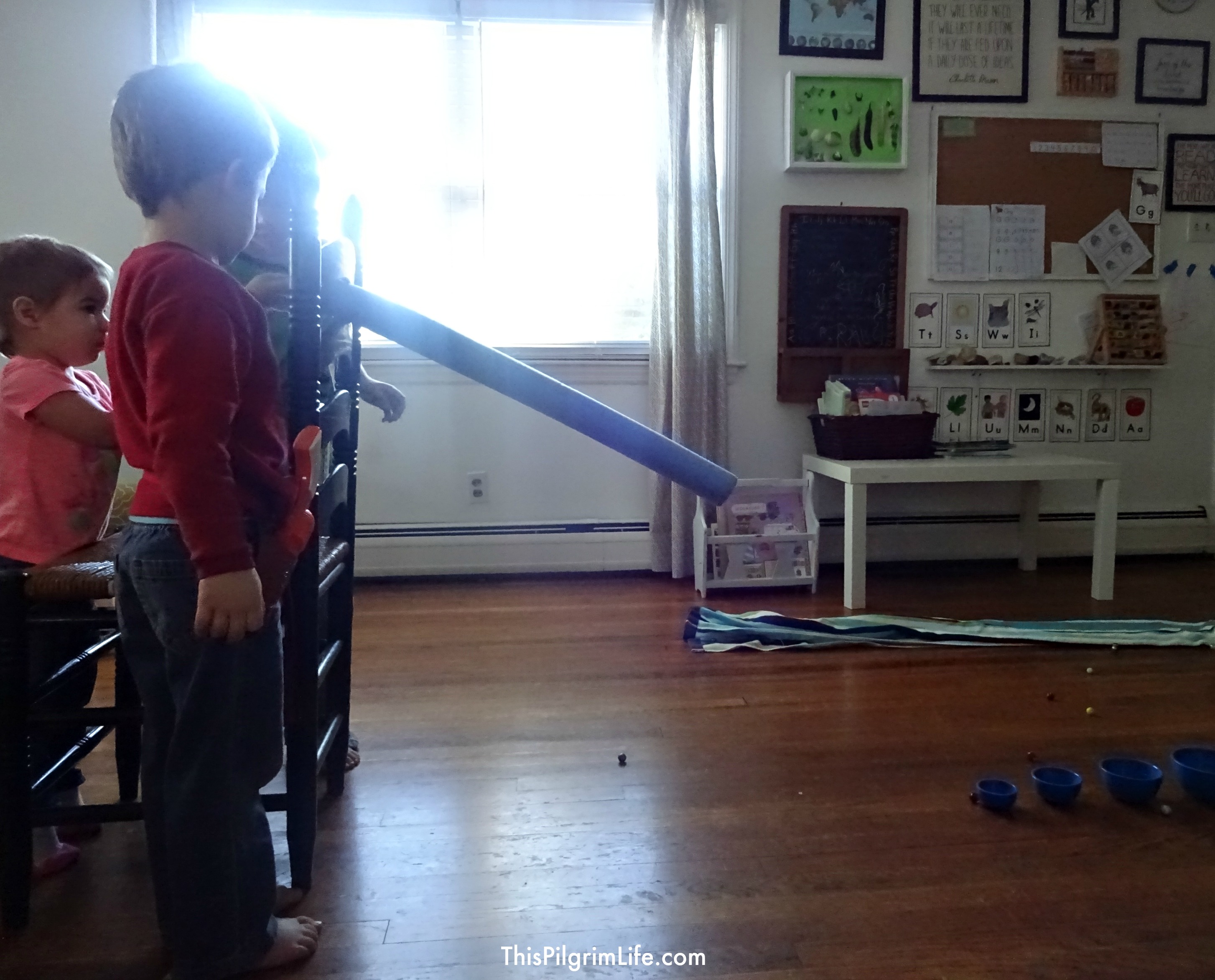 Make a fun ski ball game using a pool noodle, marbles, and a few small bowls! 