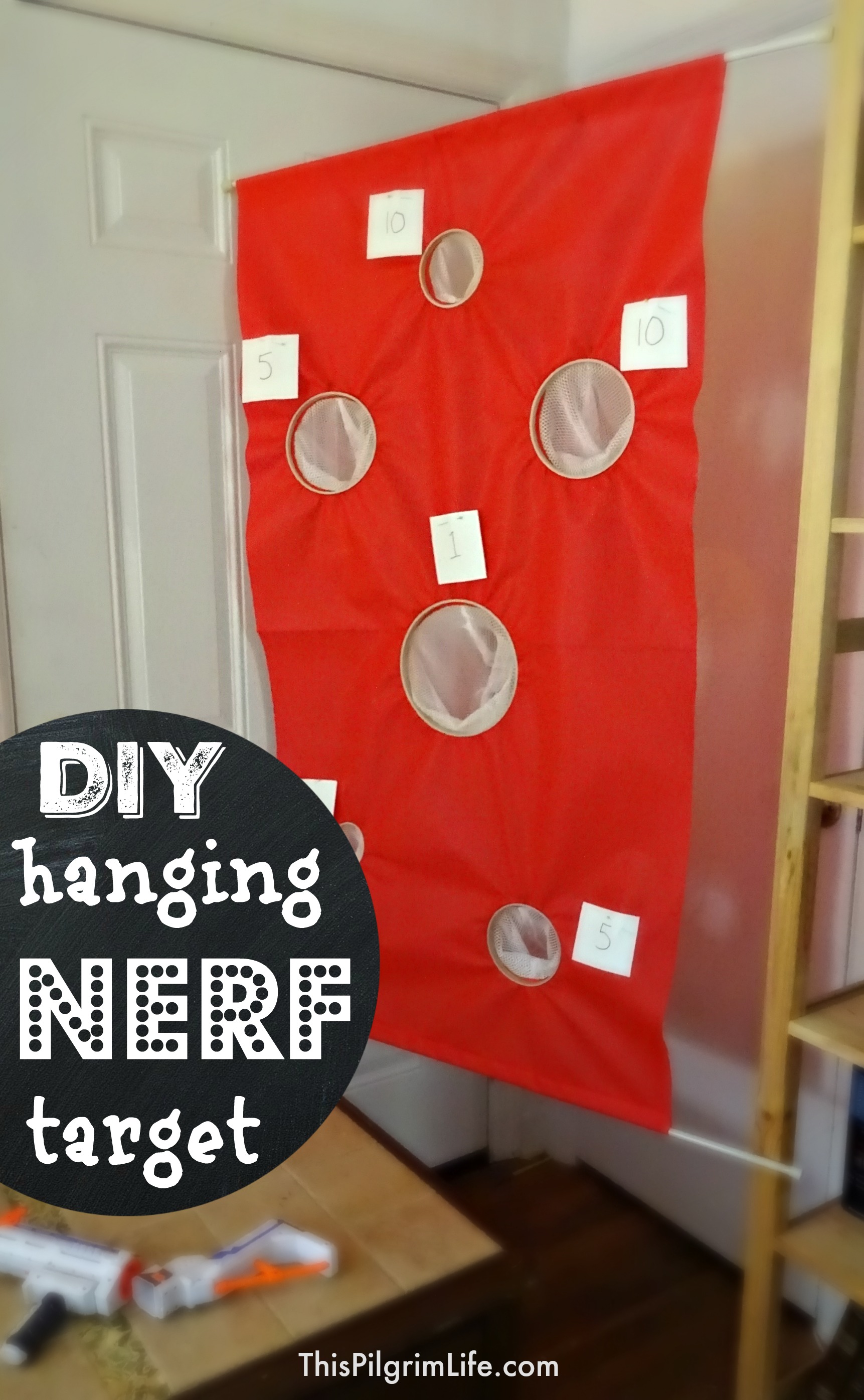 Make a simple hanging nerf target with just a few inexpensive materials-- no sewing required! 