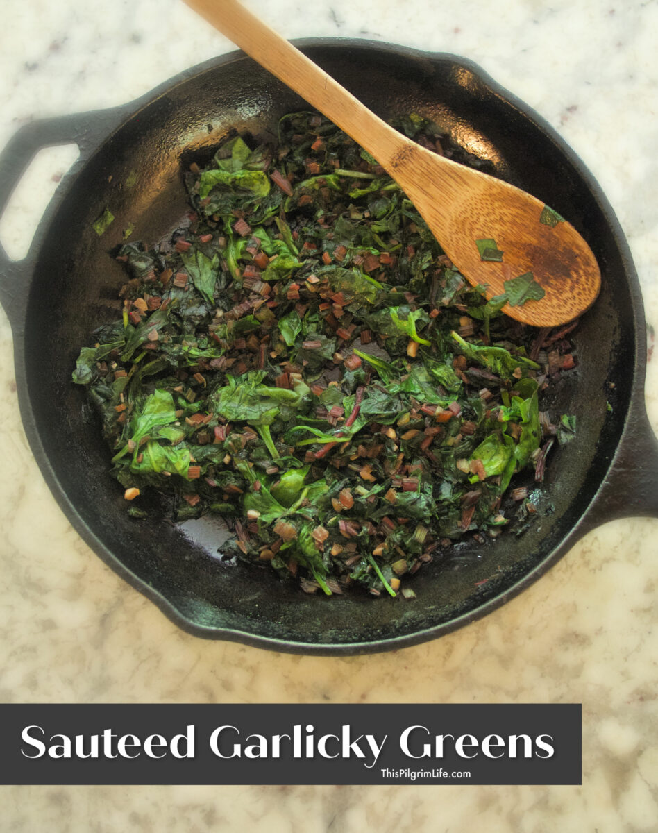 Sautéed garlicky greens are so quick and easy to make, not to mention, so incredibly tasty! Sautéing greens in a pan with a little oil, salt, and garlic is a delicious way to enjoy fresh seasonal greens, as well as spinach, Swiss chard, and kale year round. Everyone in my family (including the kids) loves this simple side dish!