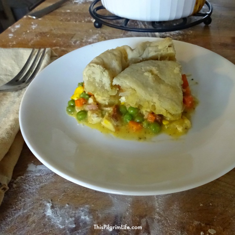 Homemade chicken pot pie, packed full of juicy chicken, bacon, eggs, and vegetables. 