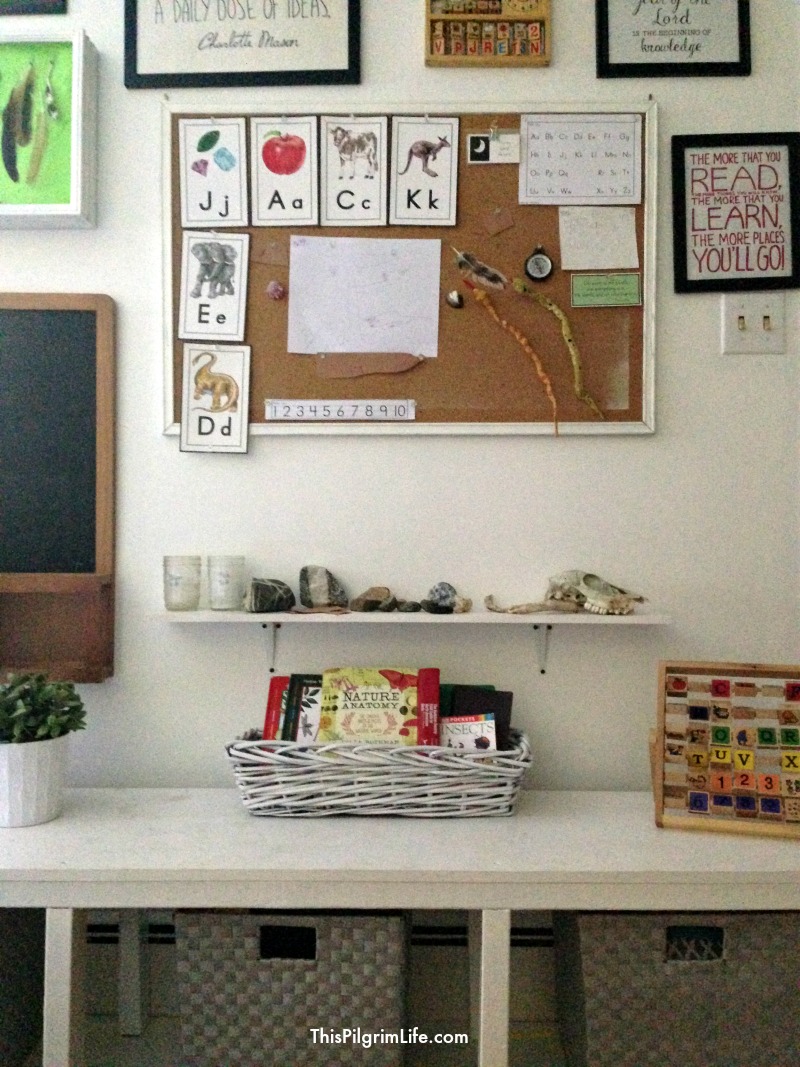You don't have to have a schoolroom in your house to homeschool. And homeschooling doesn't mean your house has to look like a classroom. Here's how we set up an uncluttered but functional school area in our home's common room. 