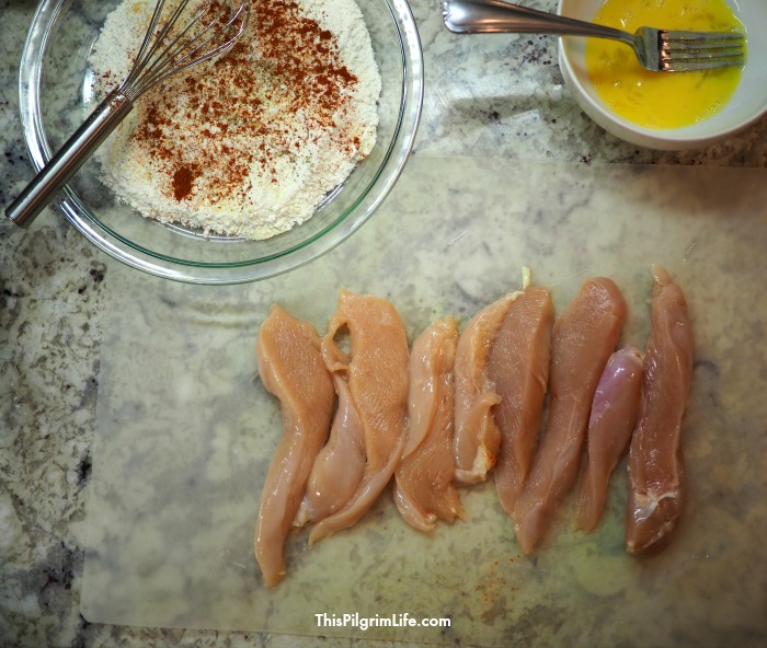 Seasoned breading and egg for pan fried chicken strips