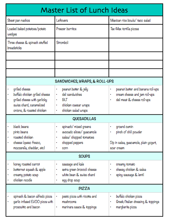 Get out of your lunch rut with this FREE printable with over 100 lunch ideas!