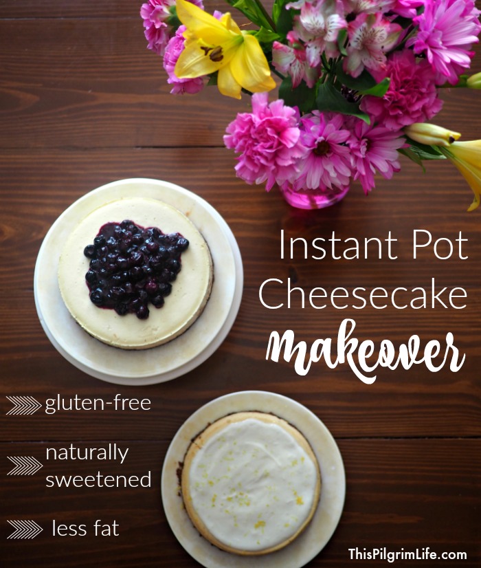 The Instant Pot cheesecake got a makeover! The amazingly quick and easy cheesecake is gluten-free, naturally sweetened, made with less fat, and is seriously delicious!