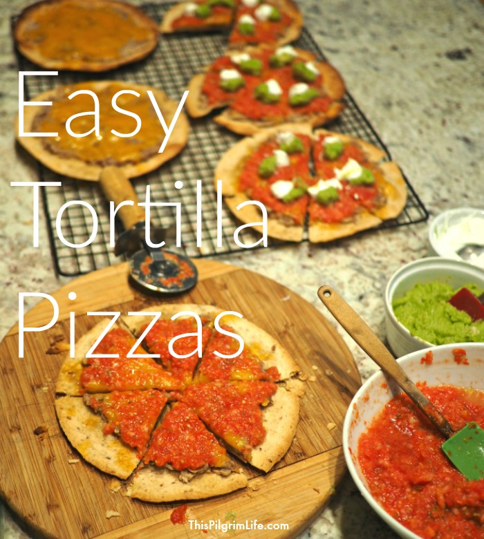 These easy tortilla pizzas make a quick and delicious meal idea that is both frugal and family friendly! 