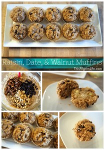 These naturally sweetened raisin, date, and walnut muffins are packed with goodness and make a perfect snack or breakfast!