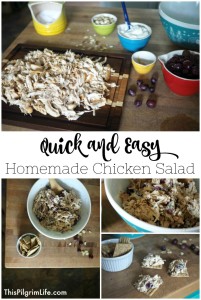 This homemade chicken salad is SO EASY to make and is very kid friendly too. We love to make a quick batch and take it along on picnics and road trips!