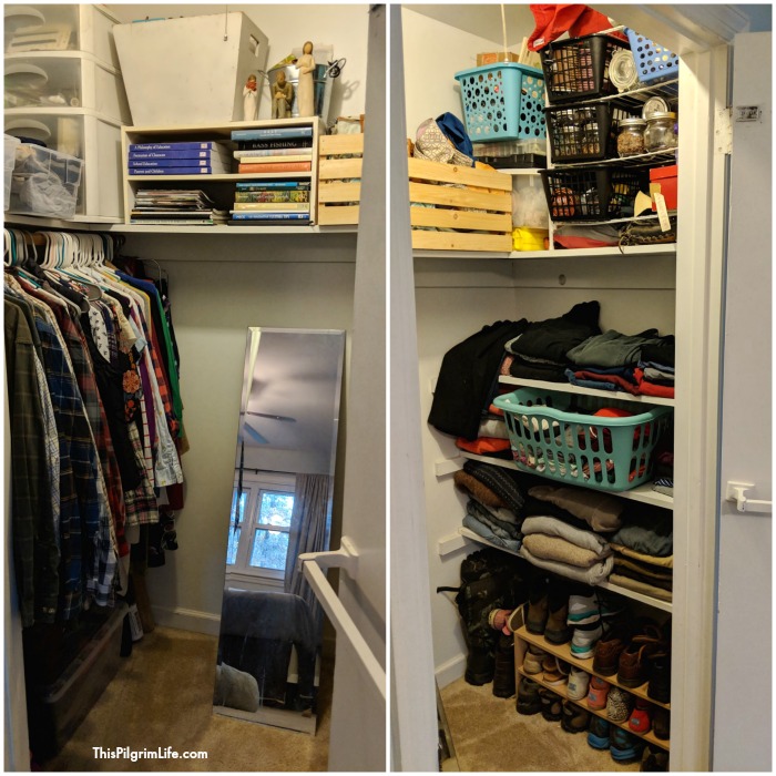 Our master bedroom was out of control with clutter and too much stuff! I did a master bedroom makeover last week, and the change is amazing! Our closet especially is like a whole new room! 