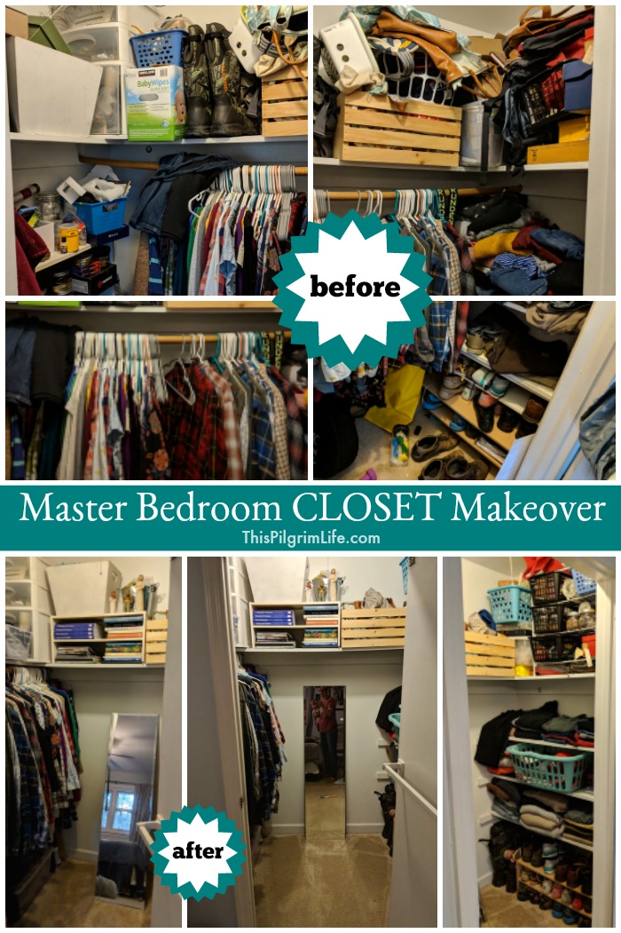 Our master bedroom was out of control with clutter and too much stuff! I did a master bedroom makeover last week, and the change is amazing! Our closet especially is like a whole new room! 