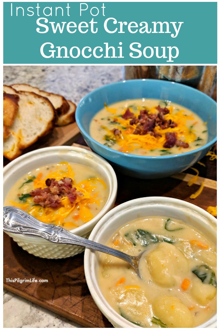 This Instant Pot gnocchi soup is creamy, sweet perfection. It's potato soup taken up a notch, with pillowy potatoes and vegetables, but still with the comfort of a bowl of potato soup topped with cheese and bacon. 