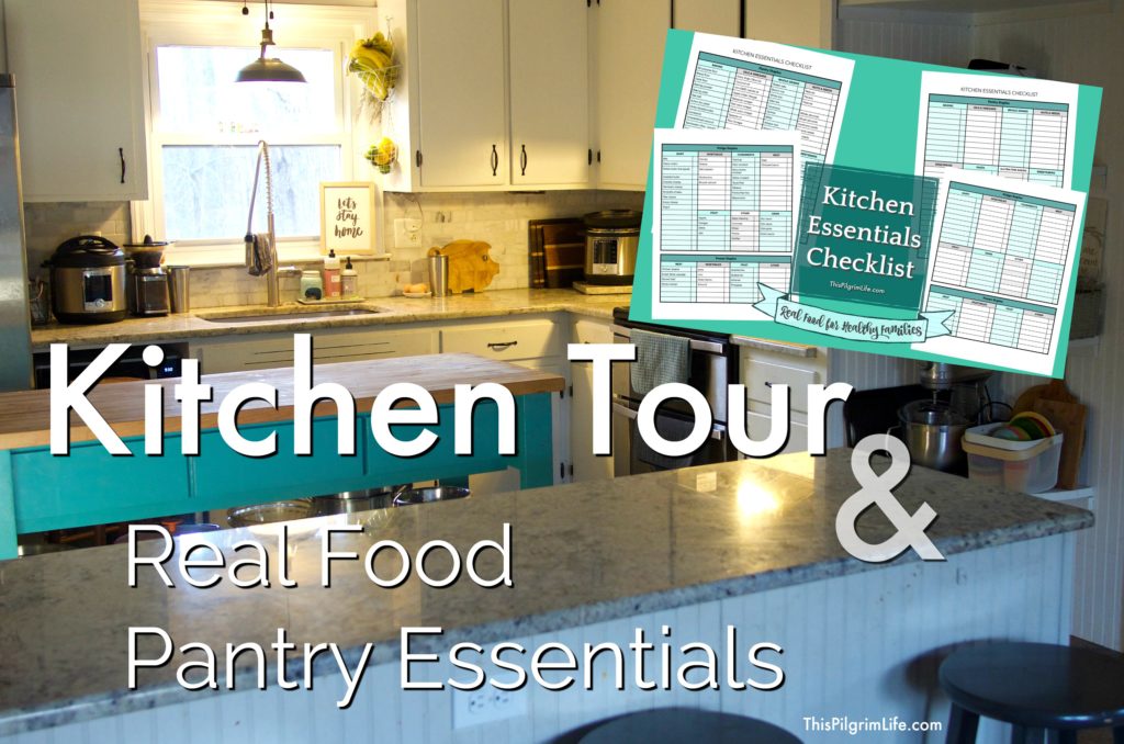 I'm taking you through a tour of my kitchen today. All the details about appliances, storage, organization, and my favorite real food pantry essentials for healthy eating in the midst of a full and busy family life. Plus, get two free printable kitchen essentials checklists to help you keep your pantry stocked with your favorites!