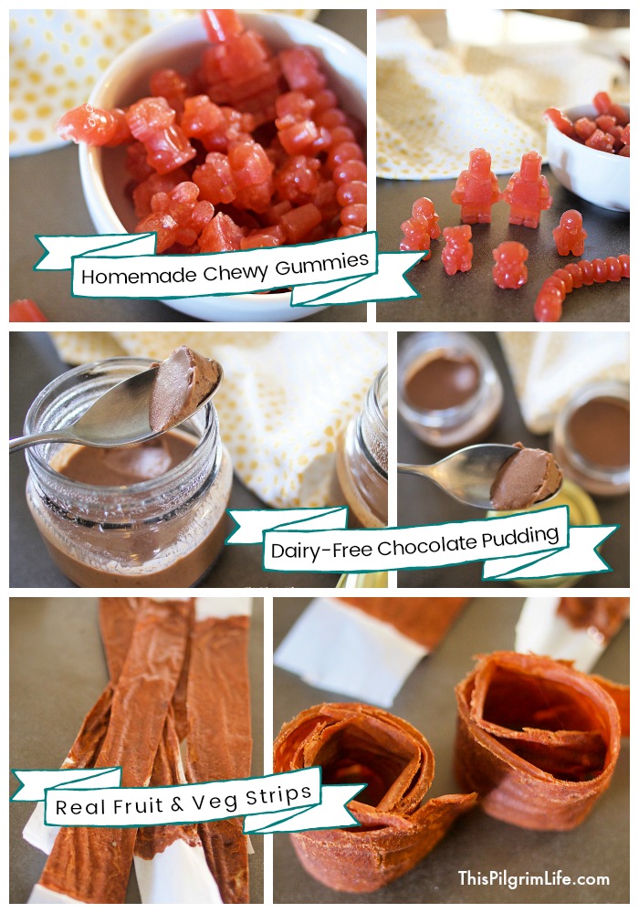 These EASY homemade snack recipes are fun AND healthy! Get recipes for homemade fruit strips with fruit and veggies, homemade chewy gummies with just a handful of ingredients, and a quick (dairy-free!) chocolate pudding.
