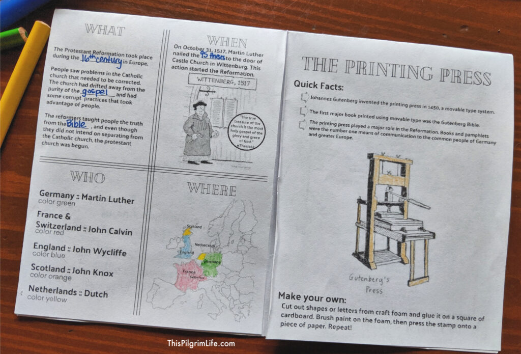 Have fun together learning about the Protestant Reformation with this simple reformation day activity! Make a little interactive book with this free printable to learn about the five solas of the reformation, the printing press, famous reformers, and more! 