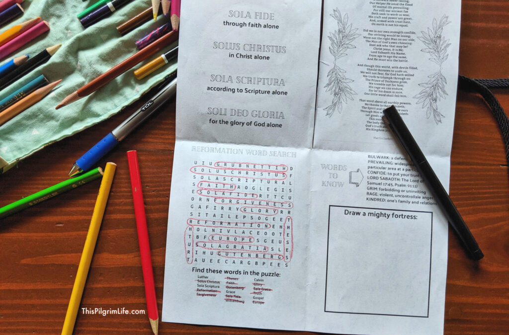 Have fun together learning about the Protestant Reformation with this simple reformation day activity! Make a little interactive book with this free printable to learn about the five solas of the reformation, the printing press, famous reformers, and more! 