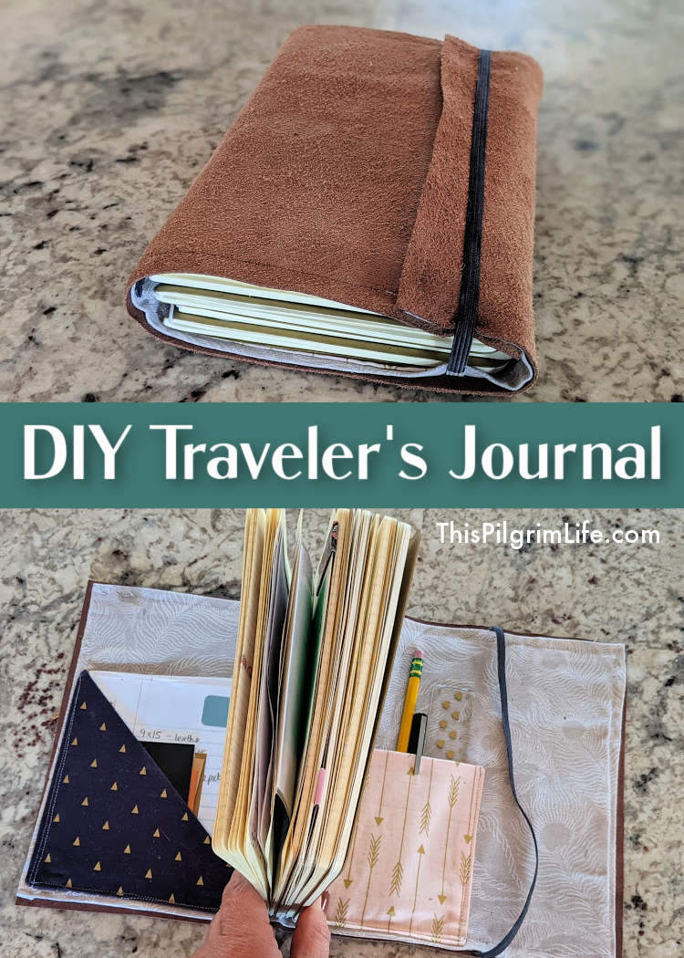 Step-by-step instructions with pictures to make a DIY traveler's journal cover with pockets and bands for three to five notebooks! 