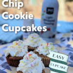 These chocolate chip cookie cupcakes are a breeze to make and ridiculously simple with their whipped cream topping and sprinkles. It makes a great cupcake hack for a sweet snack to enjoy with friends or a simple birthday party treat! 