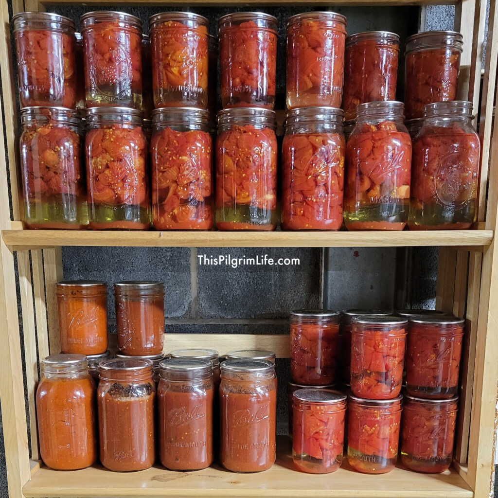 shelves of canned tomatoes 