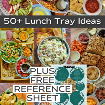 This method of serving lunch is a favorite for quick and easy lunches with endless variations! Here are more than 50 of our regular additions to lunch trays, along with a printable reference sheet to help you with ideas when you're putting together your trays.