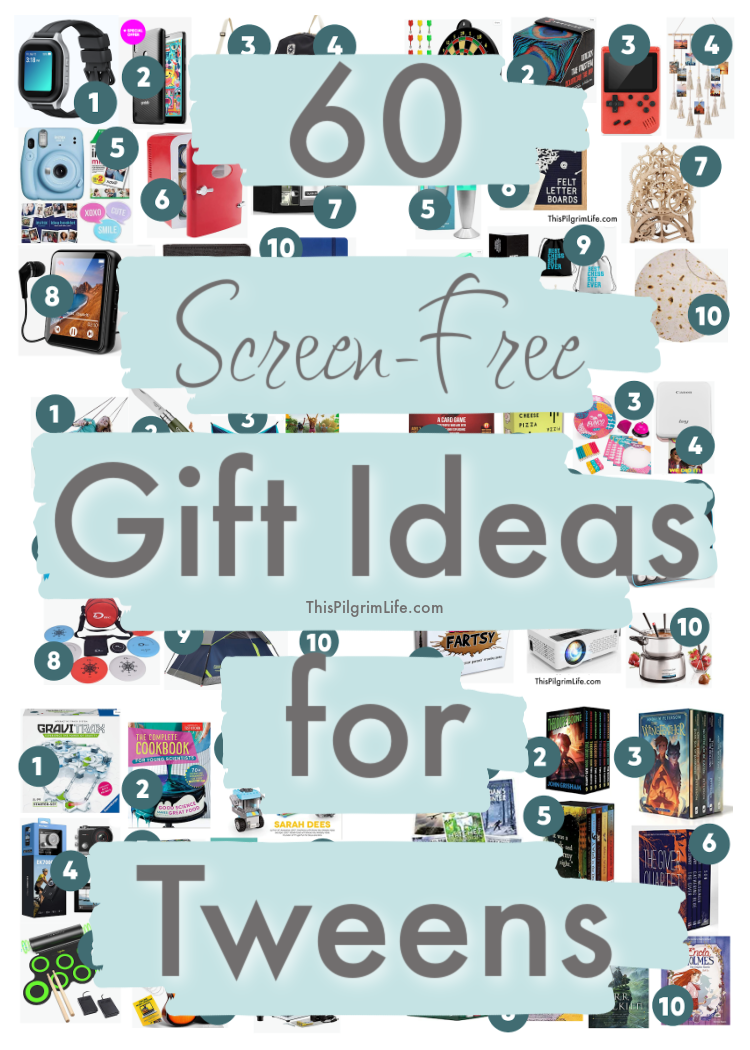Sixty screen-free gift ideas for tweens, from gifts they're growing into, to gift to use with their friends, gifts that will get them outside, gifts that will encourage learning (shhh!), and more!