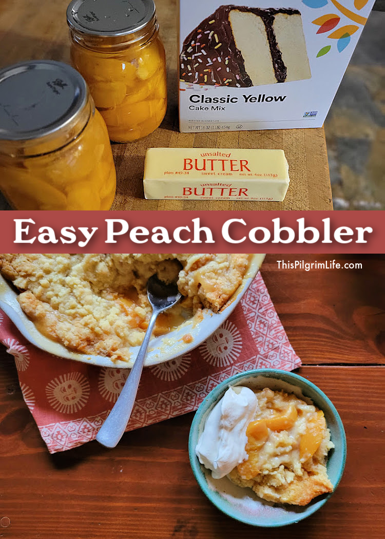 This easy peach cobbler is reminiscent of one of my favorite desserts from my childhood. You only need a few simple ingredients and it's easy enough to put together on any day, or even for kids to make themselves to treat the family!